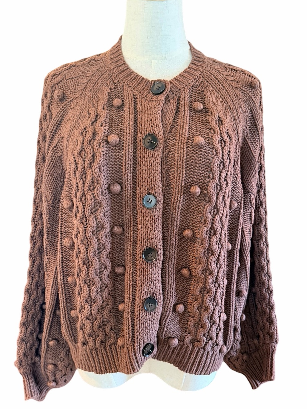 The GREAT Mountainside Cardigan Brown Cable Knit Bobble Sweater Sz 1 S - Picture 11 of 13